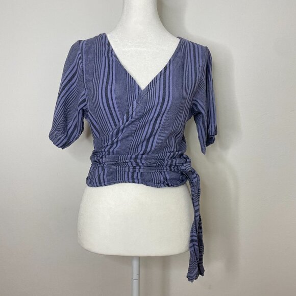 Fair Trade Boho Striped Cotton Cropped Wrap Top with Tie Waist Purple Striped - Picture 7 of 14